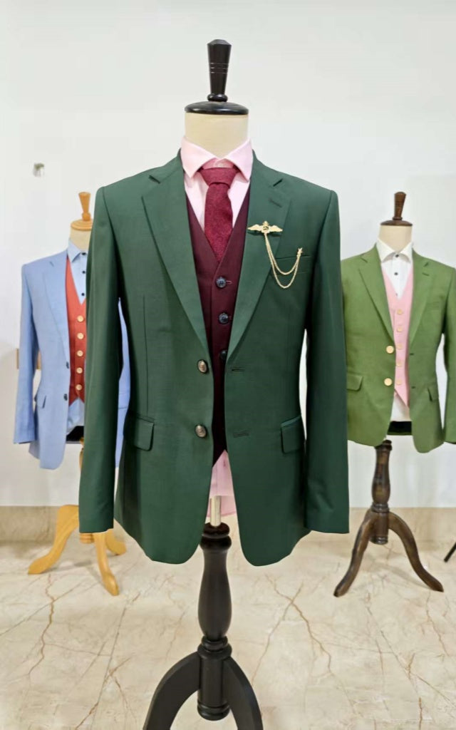 TRAJE CLÁSICO DE 3 PIEZAS DE ESTAMPADO VERDE OSCURO