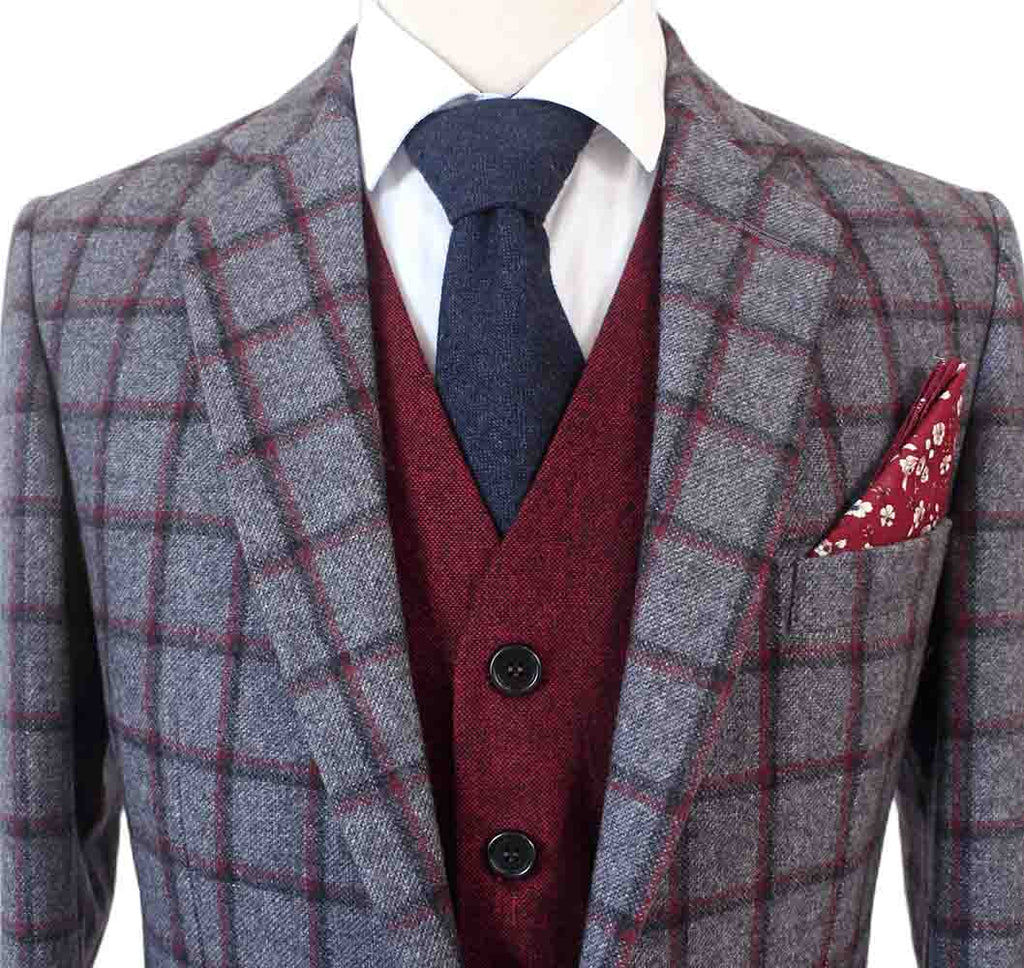 TRAJE DE 3 PIEZAS DE TWEED MIX & MATCH CON CUADROS DE VENTANA GRIS ROJO