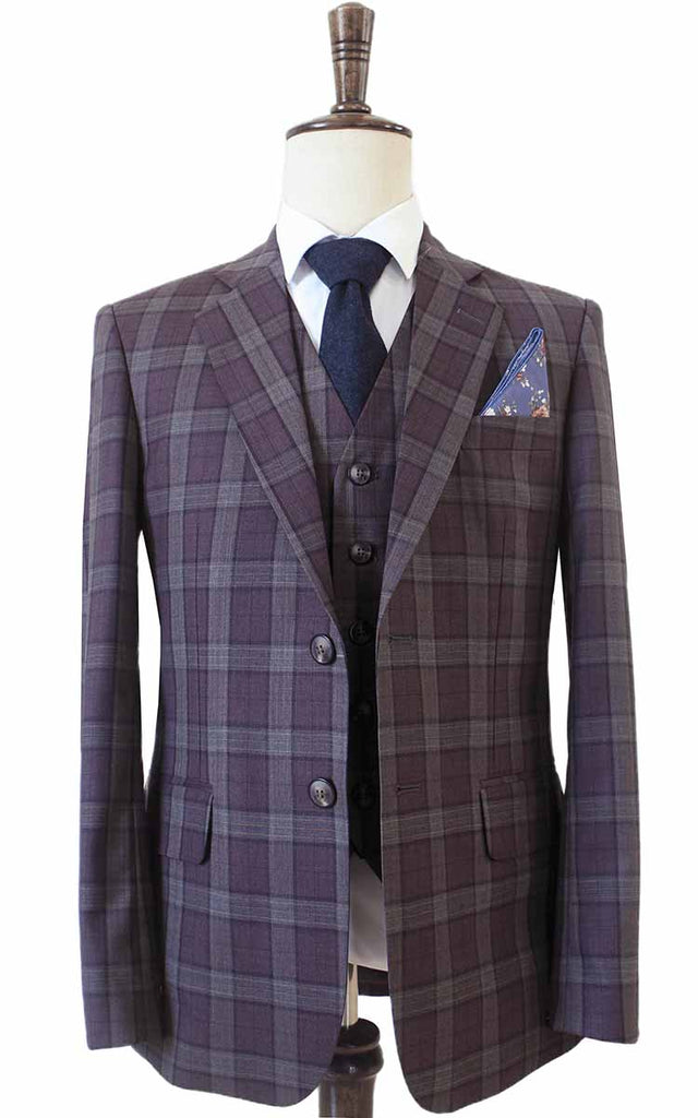 TRAJE DE 3 PIEZAS DE ESTAMPADO A CUADROS ROJO VINO