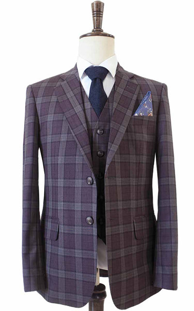TRAJE DE 3 PIEZAS DE ESTAMPADO A CUADROS ROJO VINO