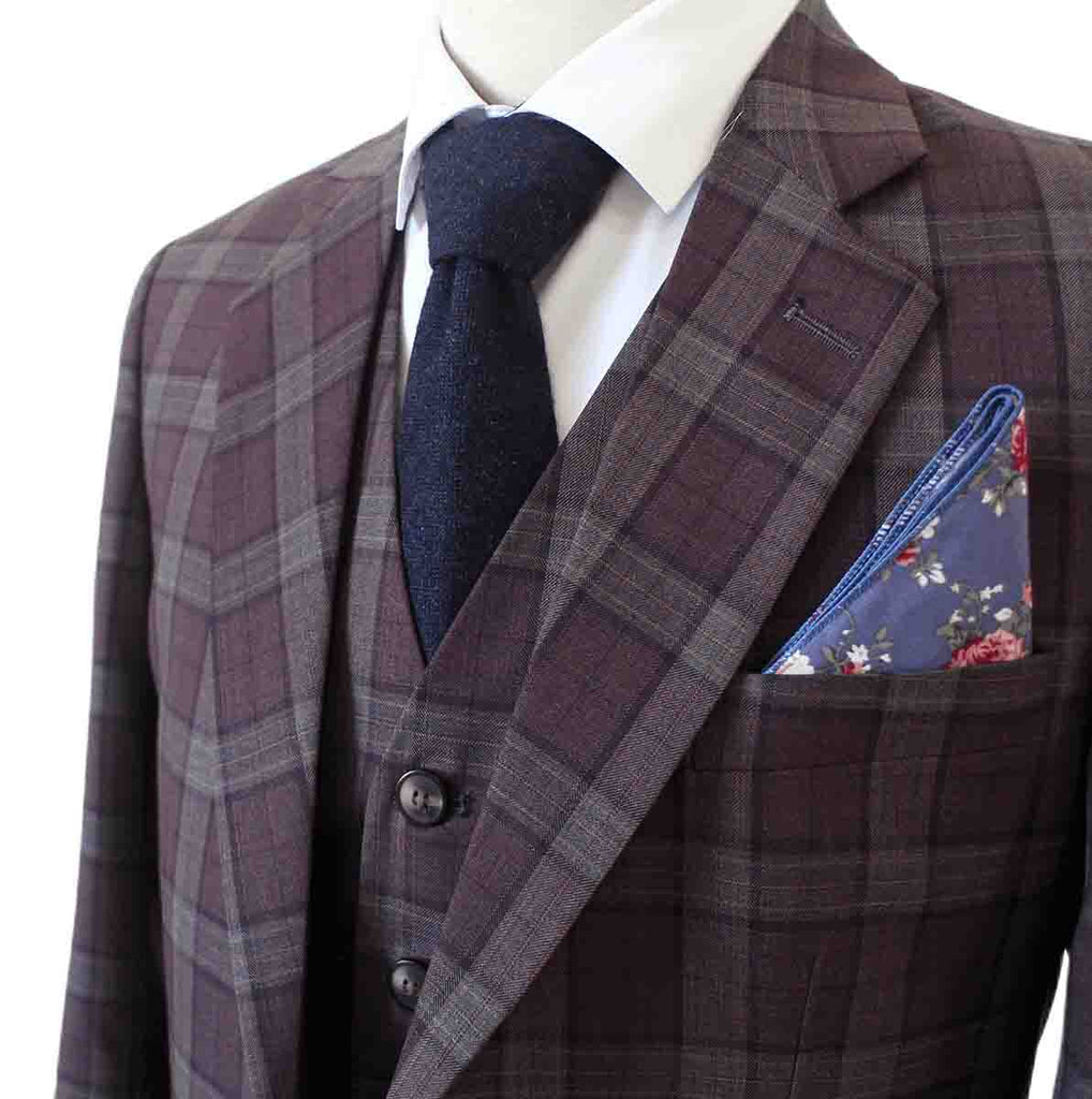 TRAJE DE 3 PIEZAS DE ESTAMPADO A CUADROS ROJO VINO