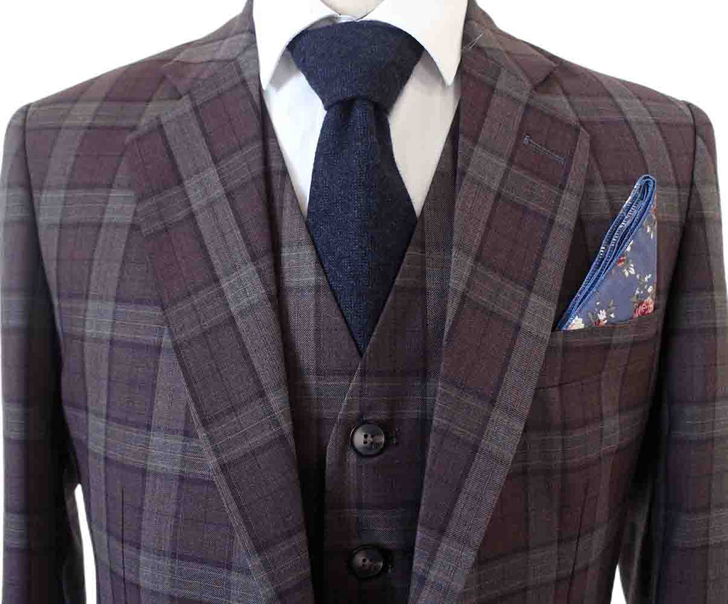TRAJE DE 3 PIEZAS DE ESTAMPADO A CUADROS ROJO VINO