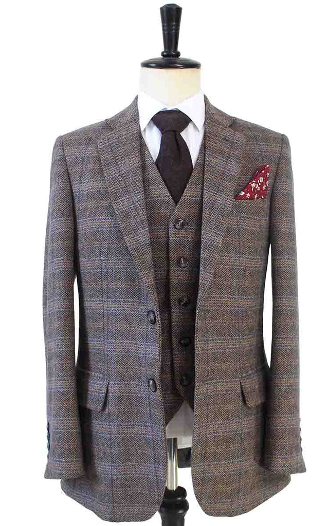 TRAJE DE 3 PIEZAS DE TWEED CON ESPIGA Y PANEL DE VENTANA MARRÓN BEIGE