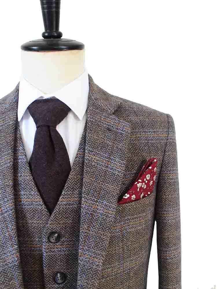 TRAJE DE 3 PIEZAS DE TWEED CON ESPIGA Y PANEL DE VENTANA MARRÓN BEIGE