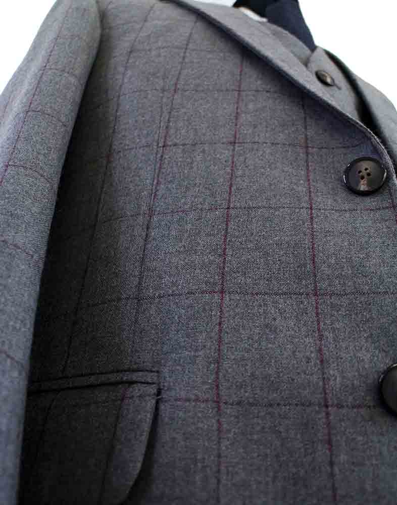 BDtailormade GREY RED WINDOWPANE WORSTED 3 PIECE SUIT - BDtailormade Worsted Suittweedmaker hockerty menstweedsuit