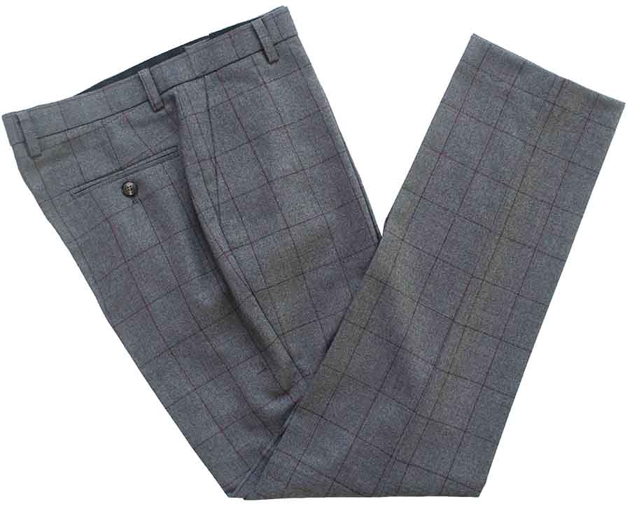 BDtailormade GREY RED WINDOWPANE WORSTED 3 PIECE SUIT - BDtailormade Worsted Suittweedmaker hockerty menstweedsuit