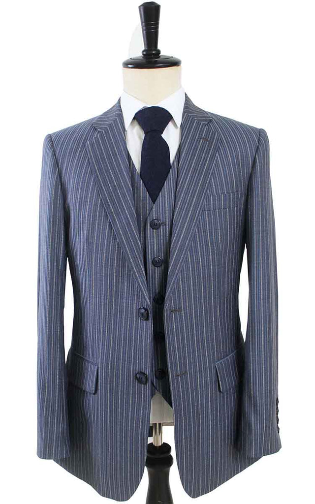 BDtailormade LIGHT BLUE PINSTRIPE WORSTED 3 PIECE SUIT - BDtailormade Worsted Suittweedmaker hockerty menstweedsuit