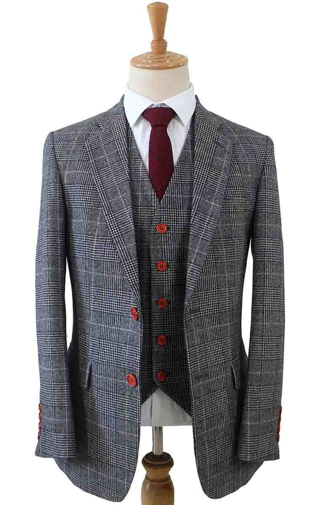 BDtailormade LIGHT GREY HOUNDSTOOTH PLAID TWEED 3 PIECE SUIT - BDtailormade TWEED SUITStweedmaker hockerty menstweedsuit