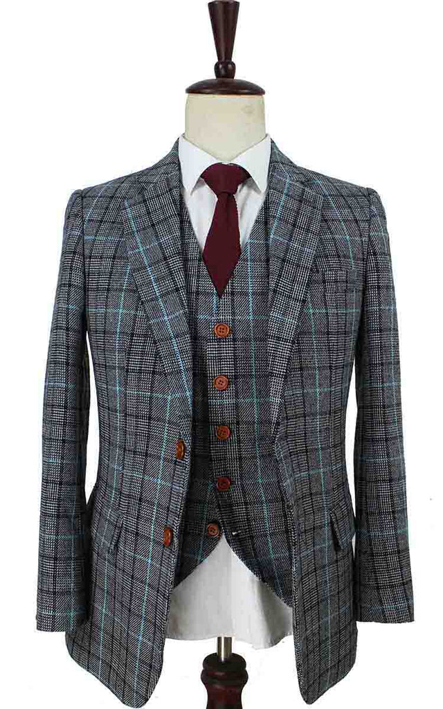 BDtailormade GREY BLUE HOUNDSTOOTH PLAID TWEED 3 PIECE SUIT - BDtailormade TWEED SUITStweedmaker hockerty menstweedsuit