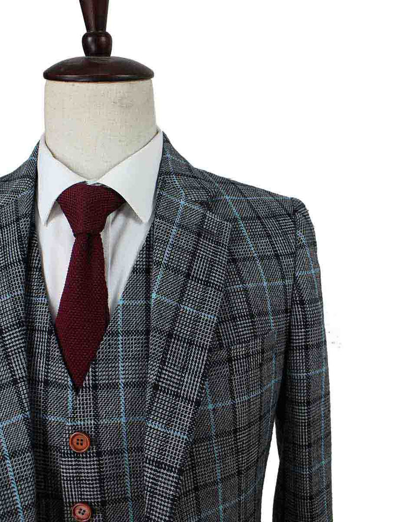 BDtailormade GREY BLUE HOUNDSTOOTH PLAID TWEED 3 PIECE SUIT - BDtailormade TWEED SUITStweedmaker hockerty menstweedsuit