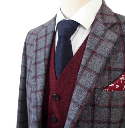 TRAJE DE 3 PIEZAS DE TWEED MIX &amp; MATCH CON CUADROS DE VENTANA GRIS ROJO