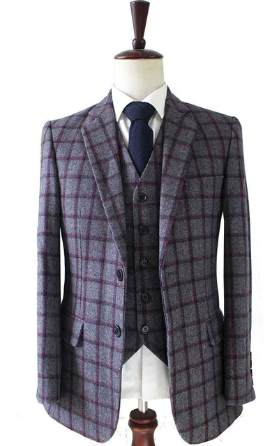 BDtailormade GREY RED WINDOWPANE PLAID TWEED 2 PIECE SUIT - BDtailormade TWEED SUITStweedmaker hockerty menstweedsuit